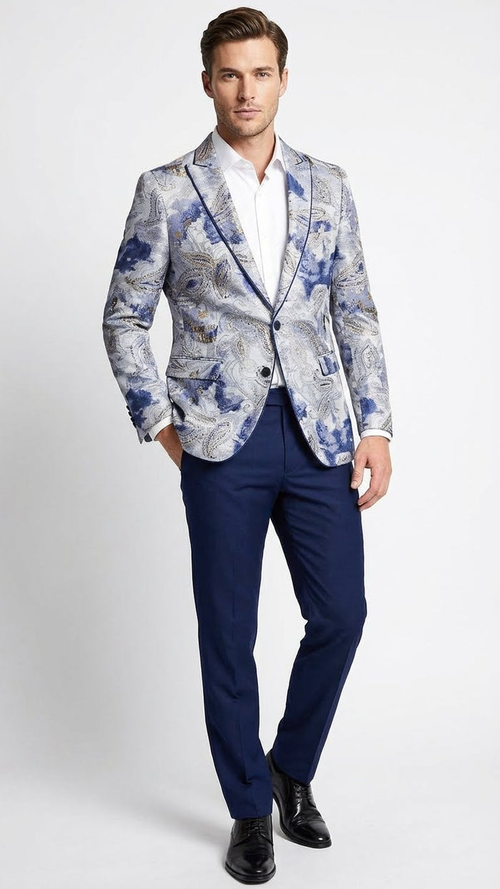 Mens Navy Blue and Gray Paisley Print Blazer Prom Jacket for Formal, Party, and Evening Wear