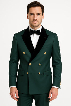 Men's Green Double-Breasted Wedding Tuxedo with Black Velvet Lapel and Gold Buttons
