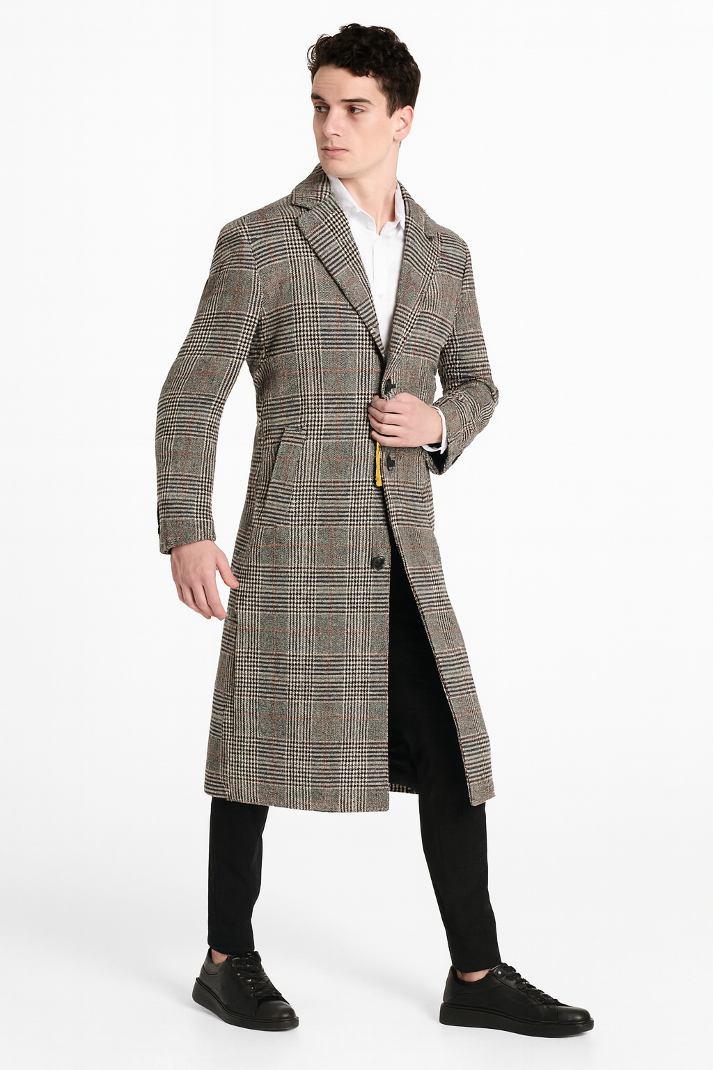 Mens Full length  Long Plaid Overcoat  Classic Checkered Wool Blend Winter Coat in Gray Color Checkered
