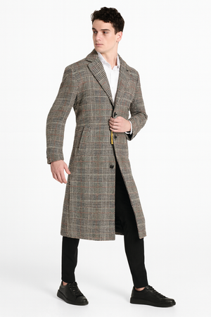 Mens Full length  Long Plaid Overcoat  Classic Checkered Wool Blend Winter Coat in Gray Color Checkered