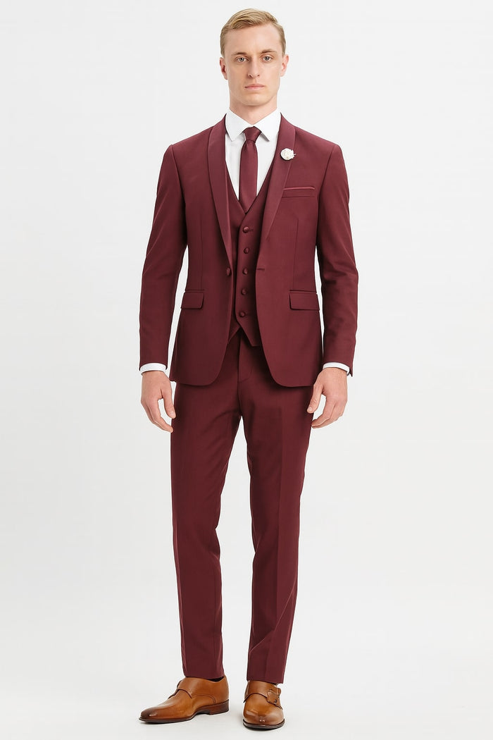Mens 3-Piece Burgundy Slim Fit Suit with Vest  Wedding, Prom and Formal Wear