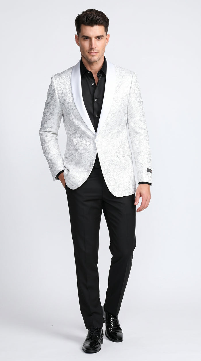 Men’s White Tonal Paisley Tuxedo Jacket with Satin Shawl Lapel, Wedding and Prom Dinner Blazer
