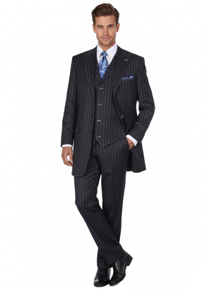 Men's Three Button Suits -  Navy Blue Pinstripe Three-Piece Suit – Classic Business and Formal Wear with Tailored Fit
