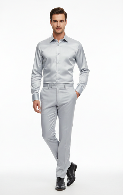 Mens Silver Satin Dress Shirt and Pants Set  Luxury Slim Fit Outfit for Parties, Weddings, and Formal Events