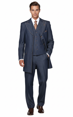 Mens Cotton Denim Three-Piece Suit  Modern Blazer Denim Suit with Vest and Trousers Pleated Pants Classic Fit