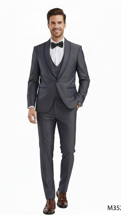 Mens Charcoal Gray with blue Trim Slim Fit 3-Piece Suit  Modern Wedding and Business Formal Tuxedo Set