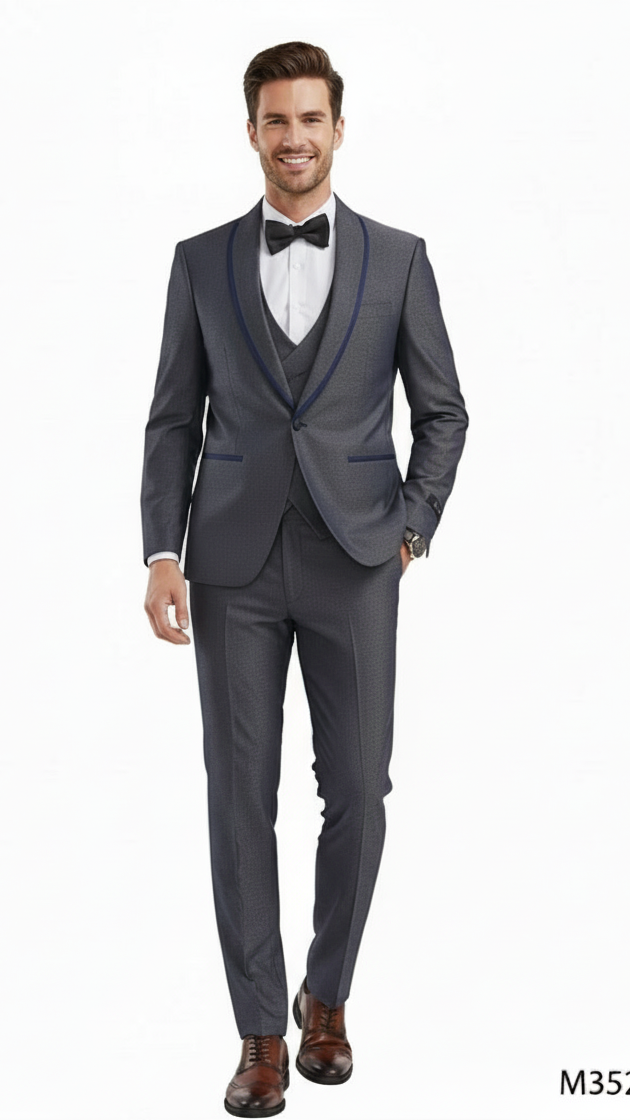 Mens Charcoal Gray with blue Trim Slim Fit 3-Piece Suit  Modern Wedding and Business Formal Tuxedo Set