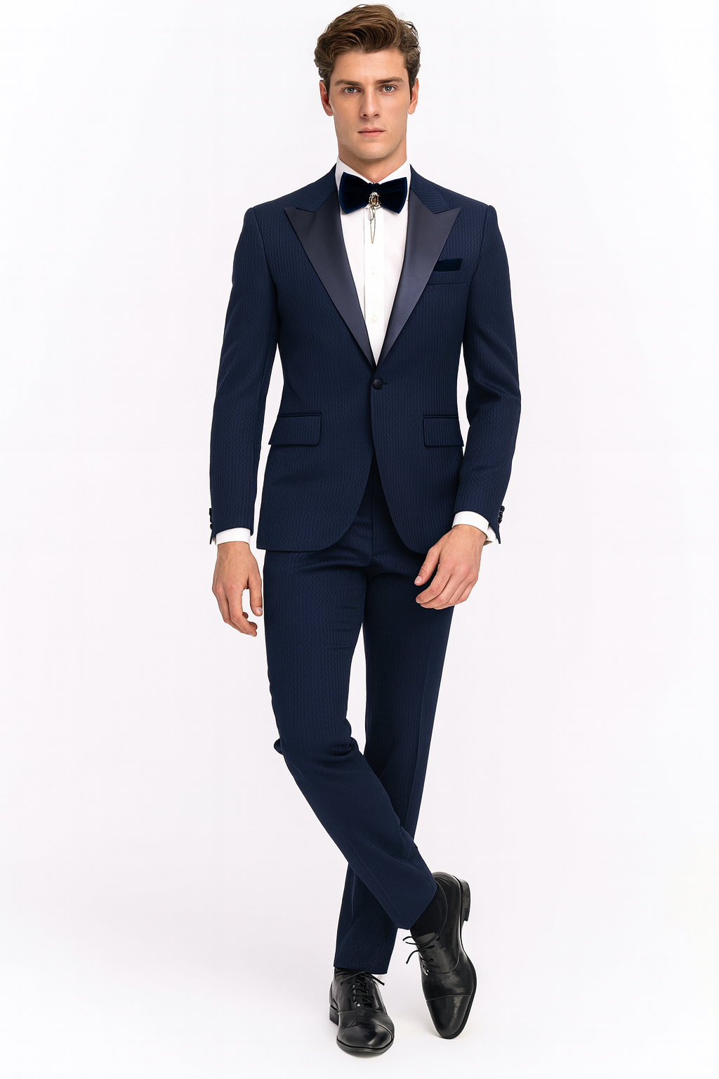 Mens Navy Blue  Tuxedo with Satin Peak Lapel With Matching Color Lapel Sateen  Formal 2 Piece Suit