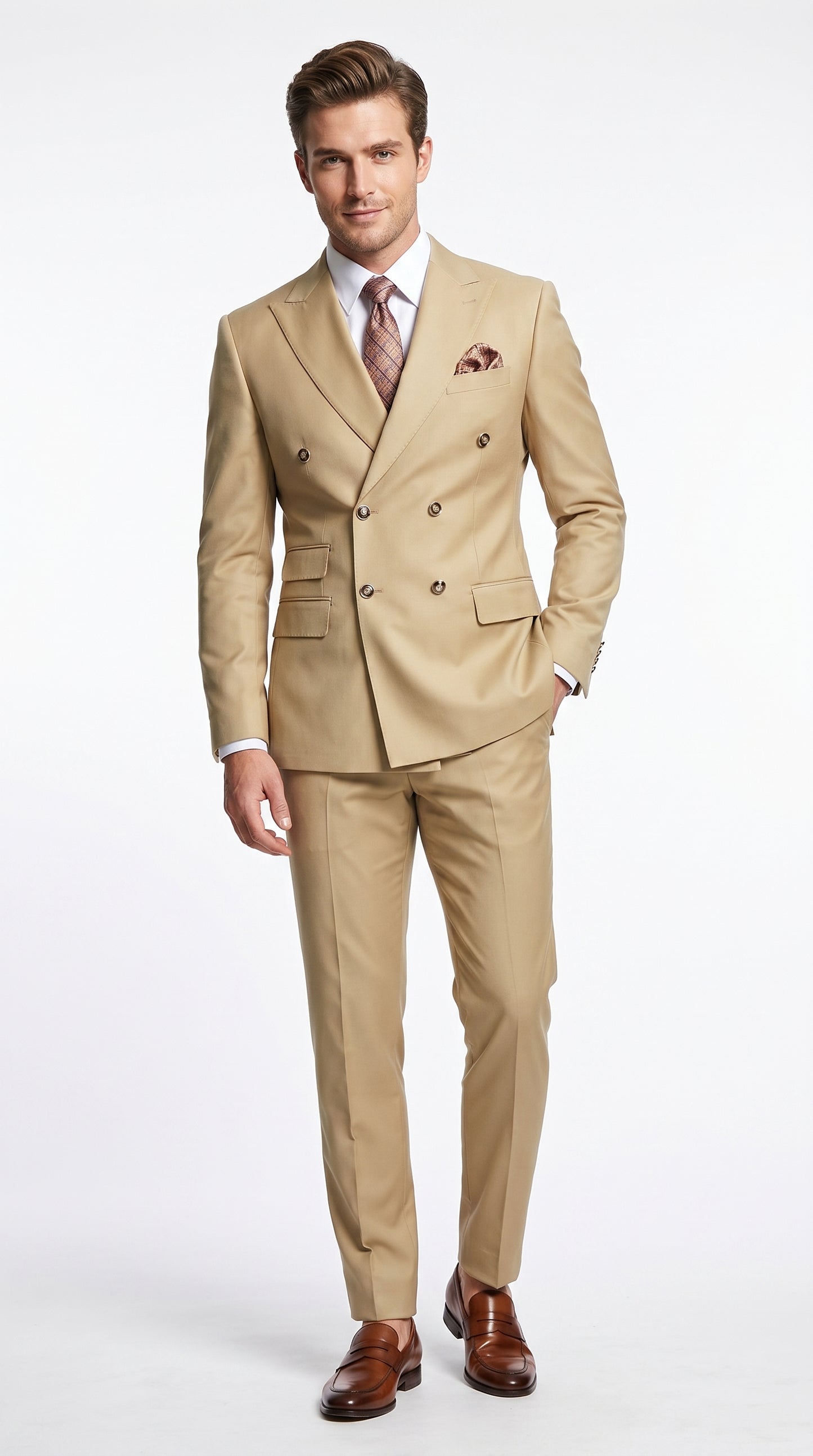 Mens Designer Modern Fit Double Breasted Designer Camel Gold Buttons Suit