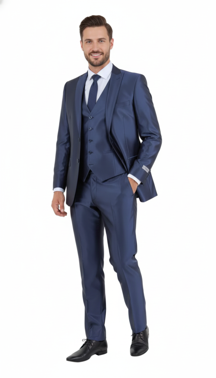 Mens Navy Blue Shiny Finish 3-Piece Suit Set  Premium Tailored Fit Formal Wedding and Party Sateen Slim Fitted Suit