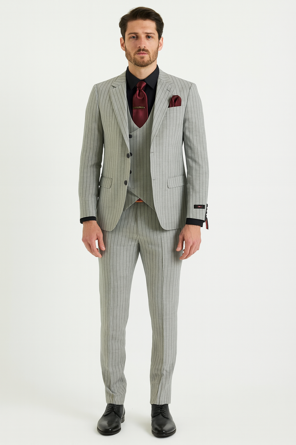 Mens 3-Piece Light Grey Pinstripe Suit with Vest  Classic Business, Wedding, and Formal Attire