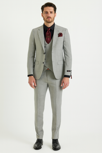 Mens 3-Piece Light Grey Pinstripe Suit with Vest  Classic Business, Wedding, and Formal Attire