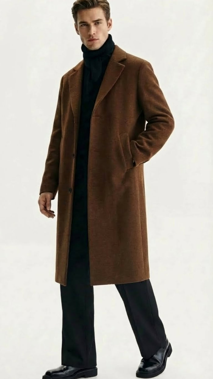Men's Brown Long Wool Overcoat - Topcoat Wool Carcoat Three Quarter