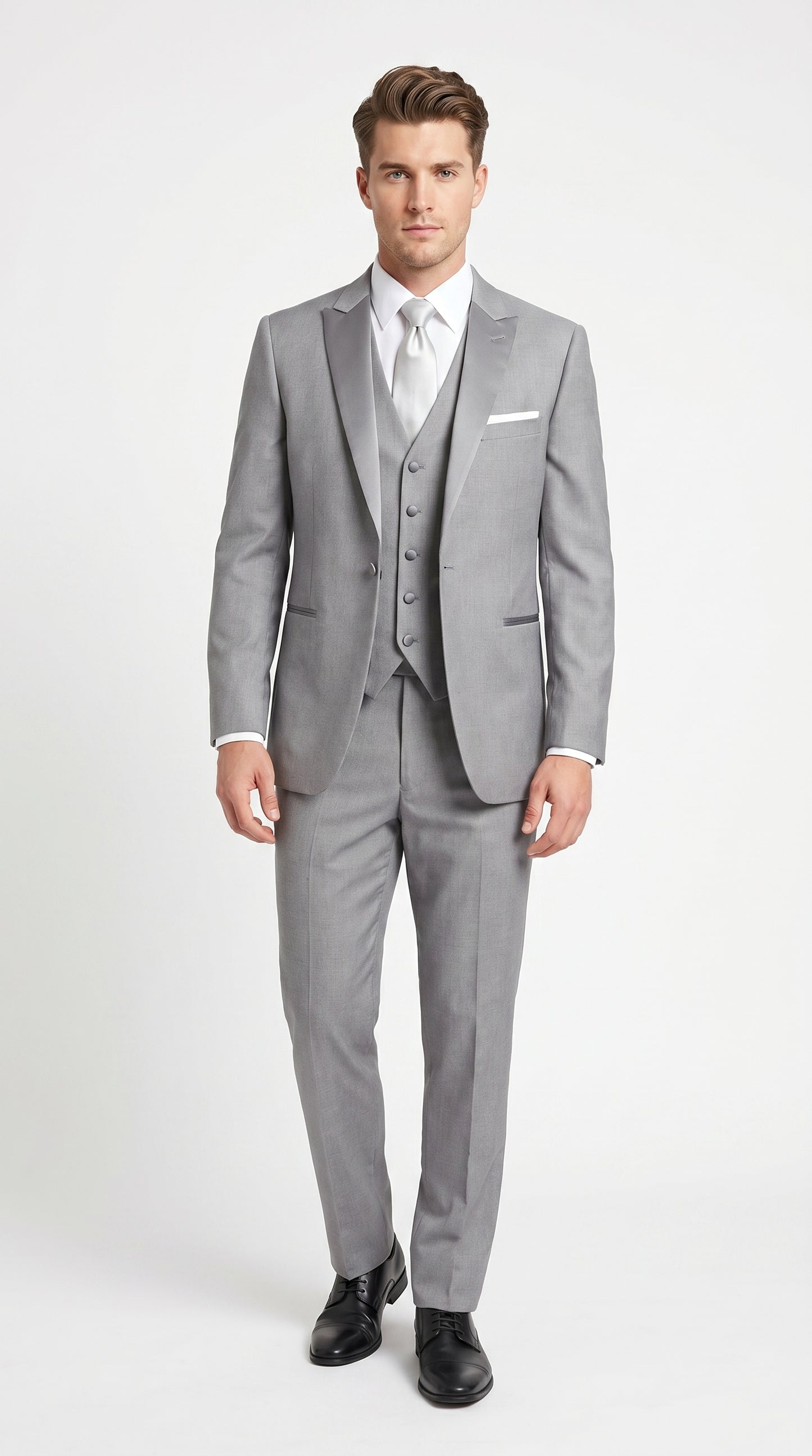 Men’s Light Grey Vested Tuxedo with One Button Jacket, Peak Lapel and Matching Pants