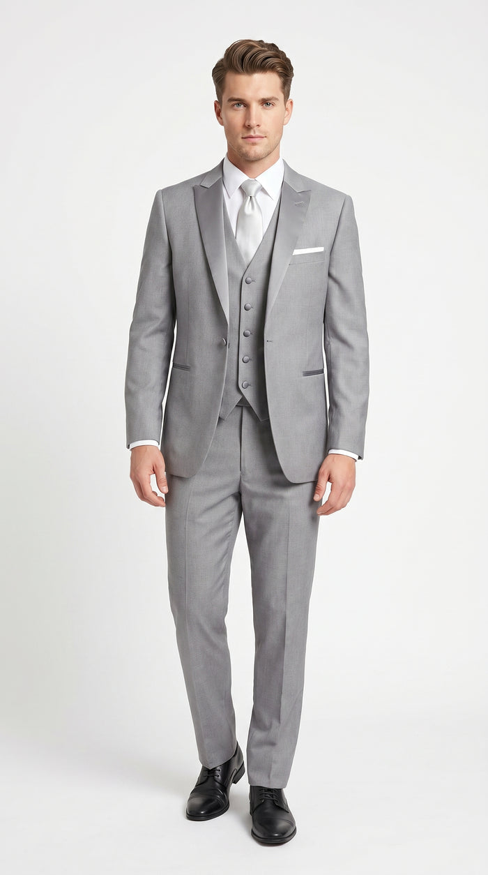 Men’s Light Grey Vested Tuxedo with One Button Jacket, Peak Lapel and Matching Pants