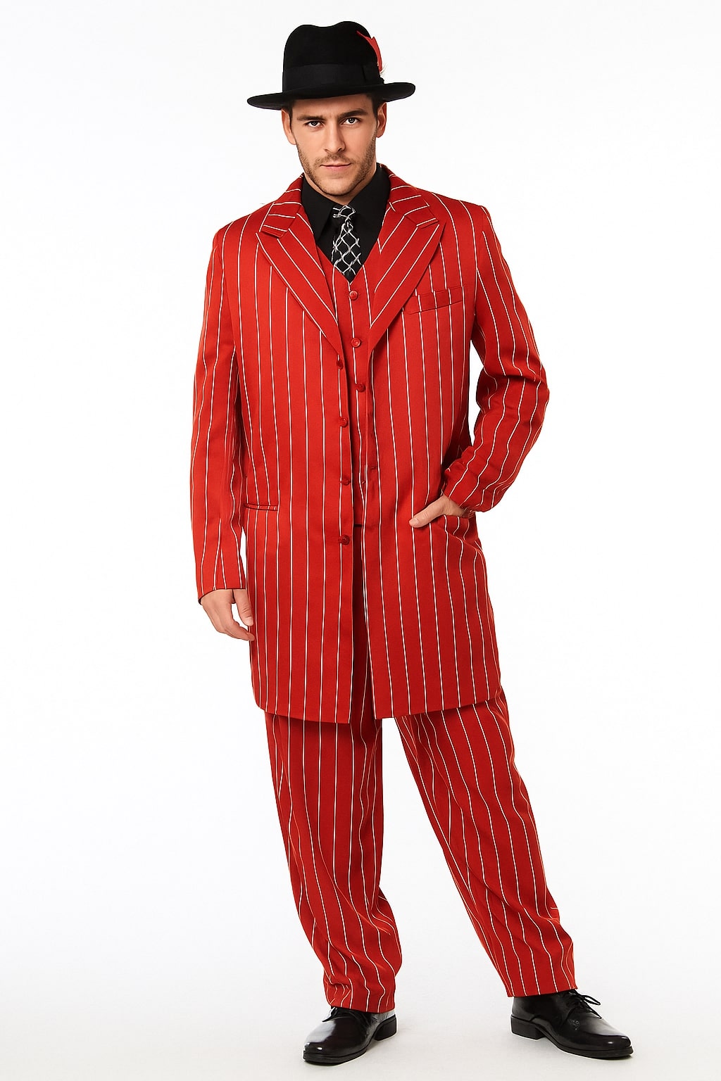 Mens Red Pinstripe Zoot Suit  1920s Gangster Pimp Style with Long Jacket & Matching Hat