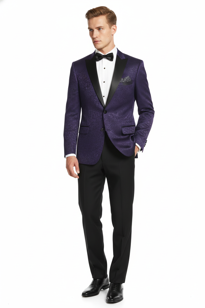 Mens Purple Paisley Tuxedo Jacket  Ultra Slim Fit Dinner Blazer with Black Satin Peak Lapel