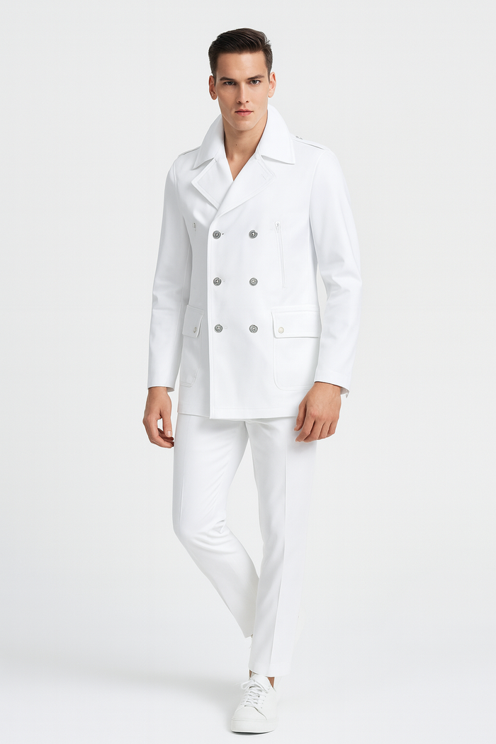 Men's White Double-Breasted Peacoat Jacket - Classic Stylish Outerwear Wool Fabric Slim Fitted