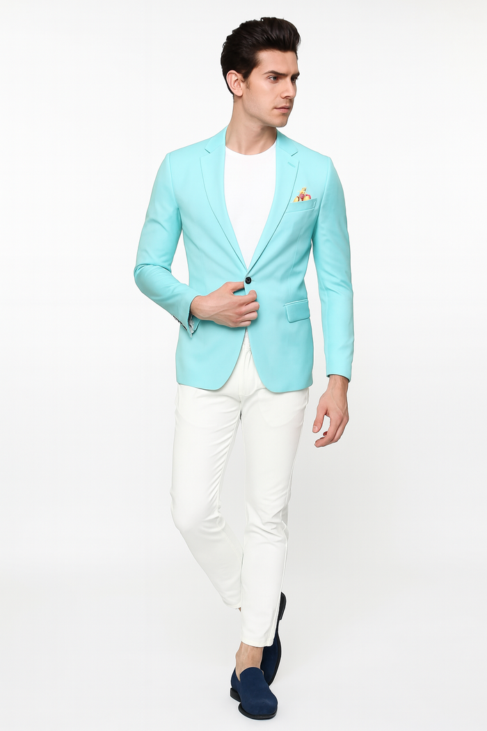 Men's Aqua Blazer - Slim Fit One Button Suit Jacket with Stylish Floral Inner Lining - Light Turquoise