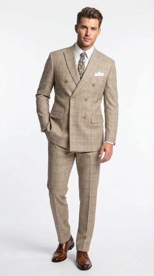 Vinci Men’s Beige Plaid Double Breasted Suit – Classic Checkered Formal Suit Set in Tan Color Windowpane Checkered Pattern