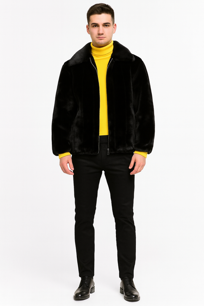 Men's Black Faux Fur Jacket - Luxury Winter Zip-Up Coat with Soft Plush Finish