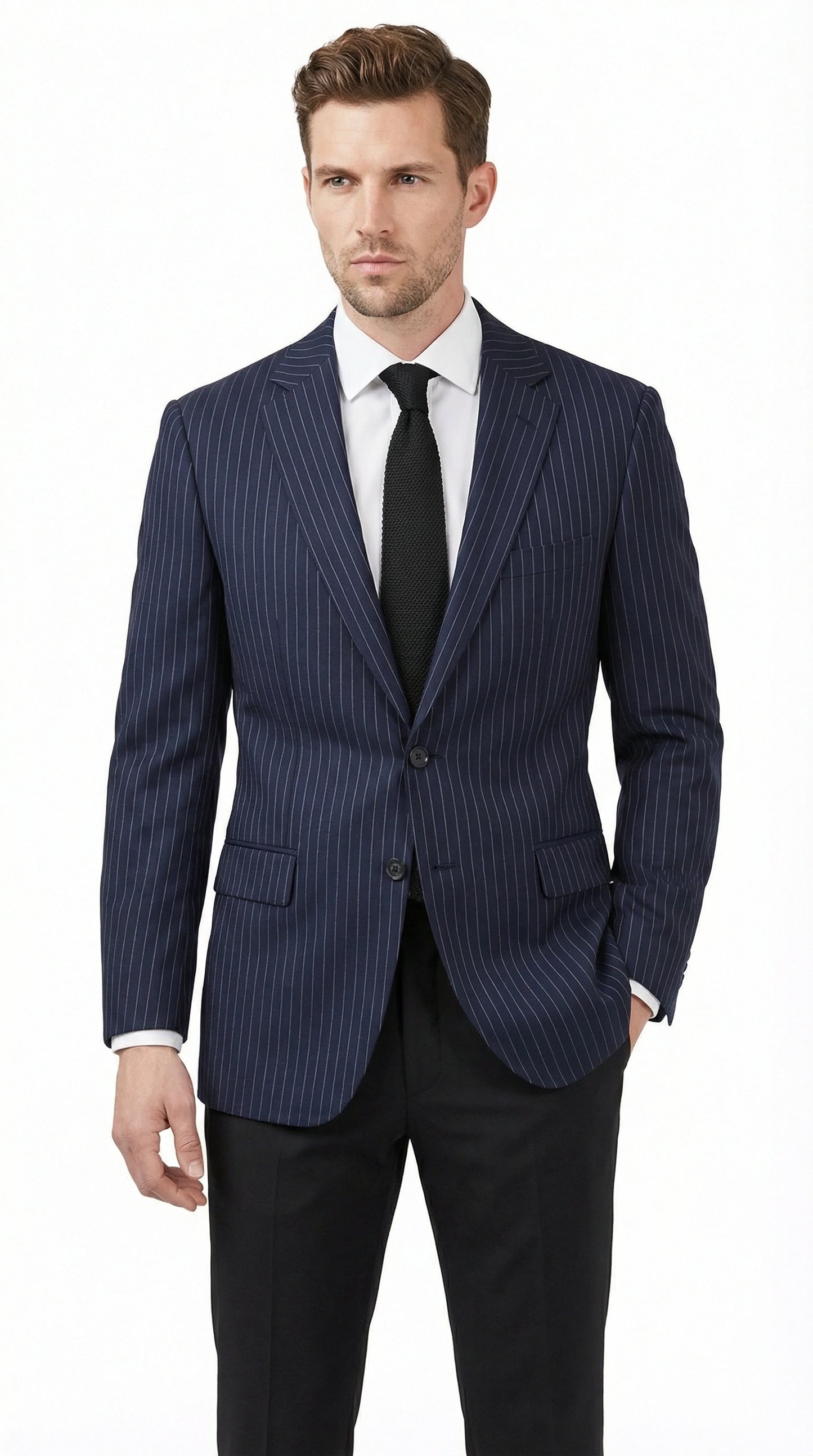 Men’s Navy Blue Pinstripe Blazer – Classic Tailored Formal Jacket for Business, Office and Professional Wear