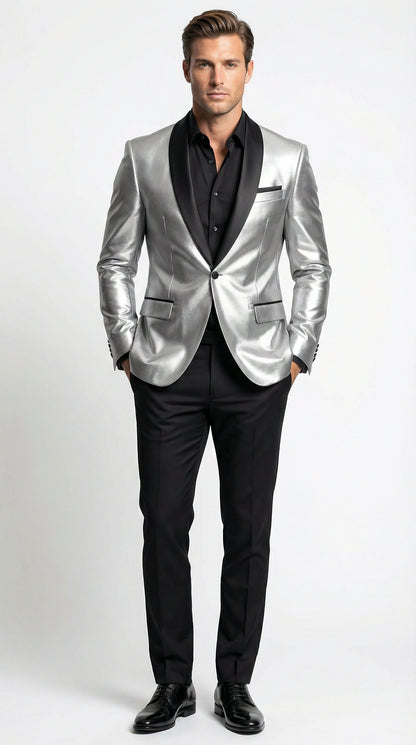 Men’s Shiny Silver Blazer with Black Lapel – Luxury Metallic Formal Jacket for Party, Evening and Special Events