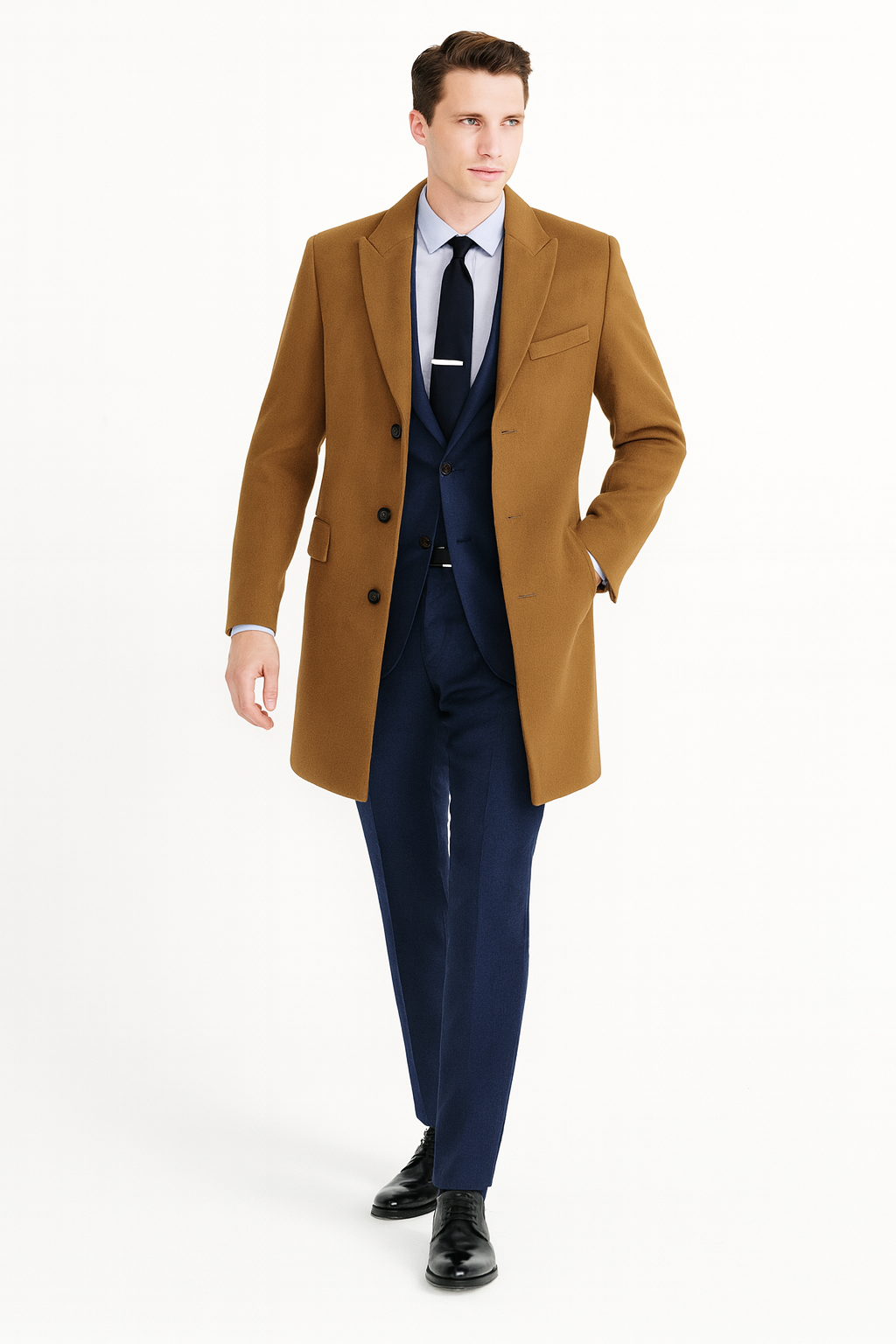 Mens Camel Brown Wool Overcoat  Classic Long Dress Coat for Business and Casual Wear in Vecuna Color