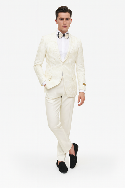 Mens Ivory Floral Embroidered Tuxedo Jacket  Elegant Wedding and Party Blazer in Cream Color With Ivory Pants