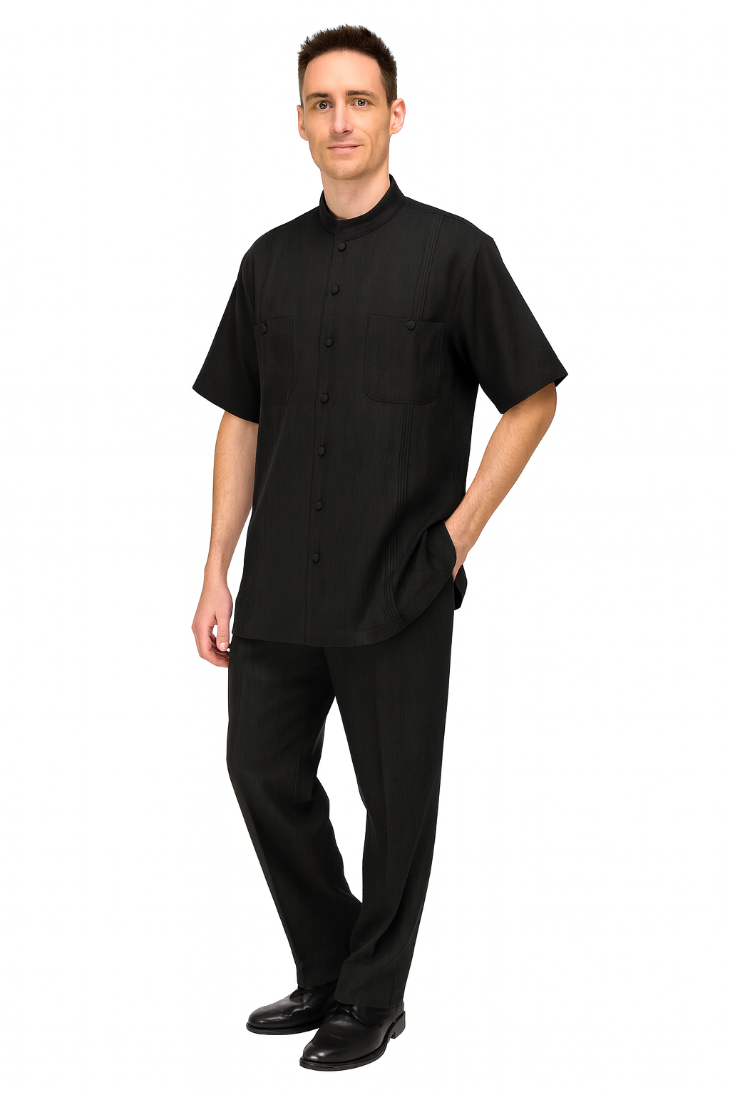 Men’s Black Banded Collar Walking Suit – Short Sleeve Shirt and Matching Pants Banded Collar Linen Fabric