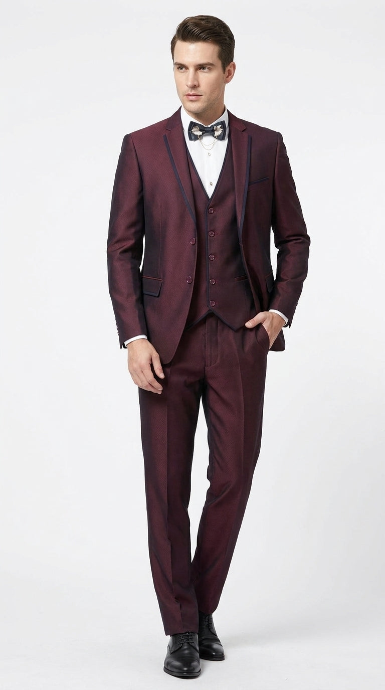 Men’s Burgundy Sharkskin Tuxedo with Satin Trim, Vested Formal Wedding and Prom Suit