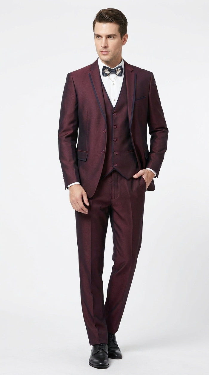 Men’s Burgundy Sharkskin Tuxedo with Satin Trim, Vested Formal Wedding and Prom Suit