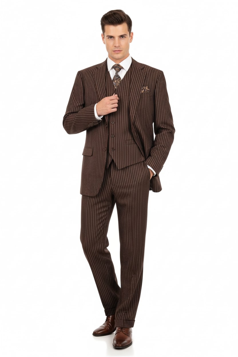 Mens Brown Pinstripe 3-Piece Suits  Classic Business and Formal Wear with Vest