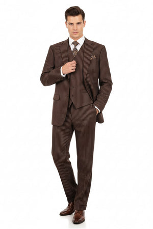 Mens Brown Pinstripe 3-Piece Suits  Classic Business and Formal Wear with Vest