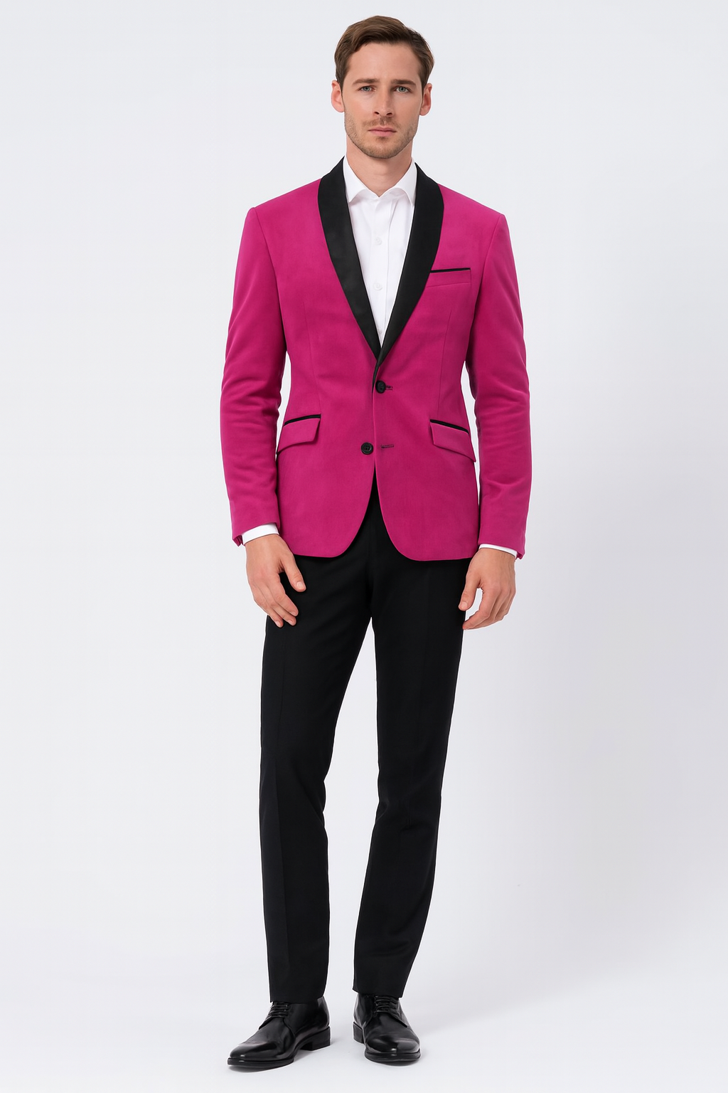 Mens Fuchsia Tuxedo Blazer with Black Satin Lapel  Stylish Party and Wedding Jacket in Hot Pink Color with Black Pants