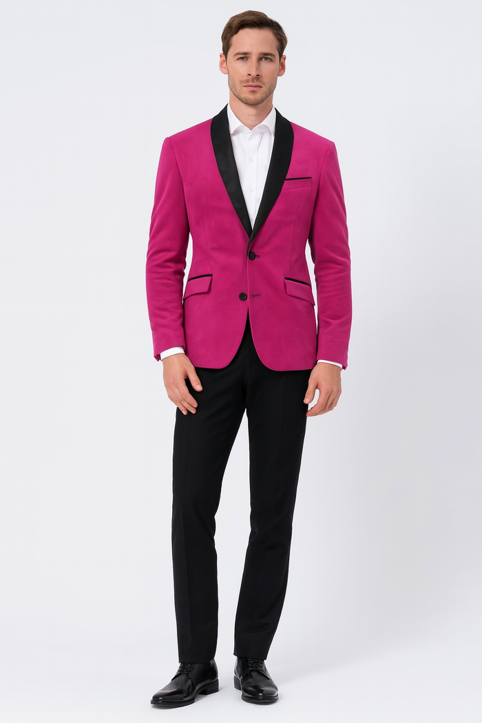 Men's Fuchsia Tuxedo Blazer with Black Satin Lapel - Stylish Party and Wedding Jacket in Hot Pink Color with Black Pants