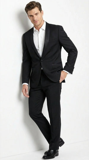 Tiglio Designer Men’s Black Single Button Tuxedo Suit – Formal Black Business and Wedding Suit Shawl Collar  Super 150's Wool Fabric