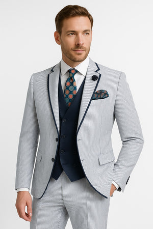 Men's White and Navy Pinstripe Suit with Contrast Trim  3-Piece Seersucker Style Set for Weddings and Summer Events