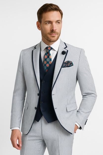 Men's White and Navy Pinstripe Suit with Contrast Trim  3-Piece Seersucker Style Set for Weddings and Summer Events