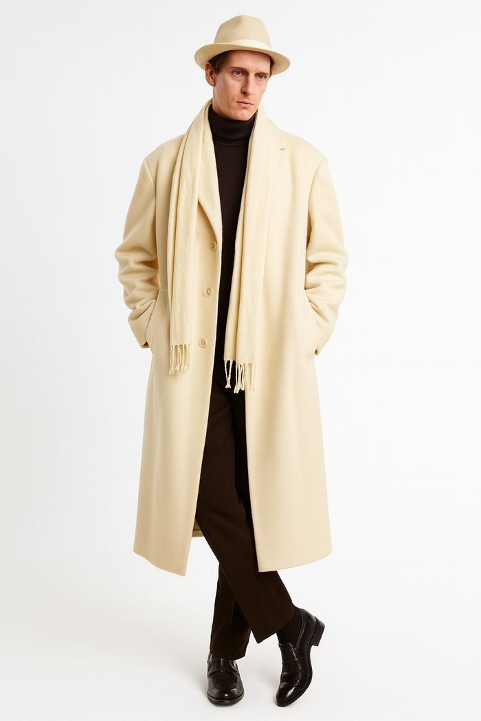 Mens Long Cream Overcoat Wool Fabric in Ivory Off White Color Full length