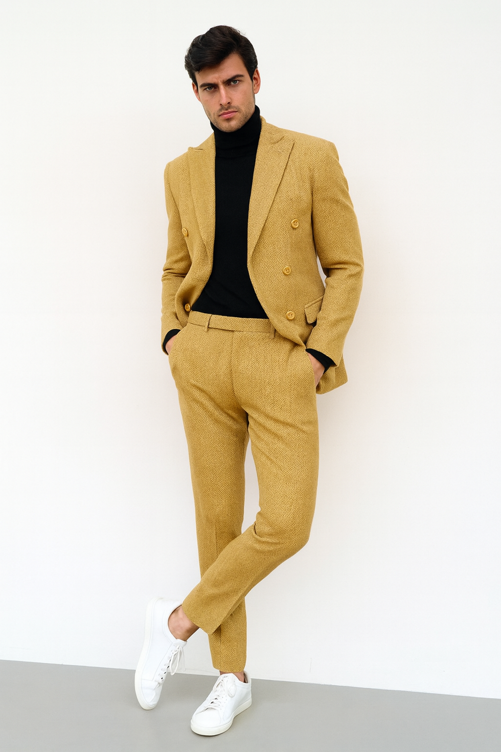 Men's Gold Double Breasted Suit - Classic 1920s Camel Color Formal Slim Fit Suit