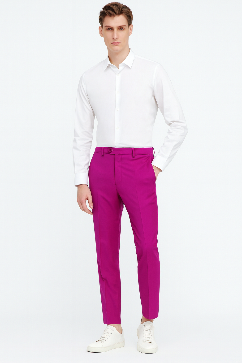 Mens Fuchsia Dress Pants  Slim Fit Stylish Formal Trousers for Parties in Hot Pink Color