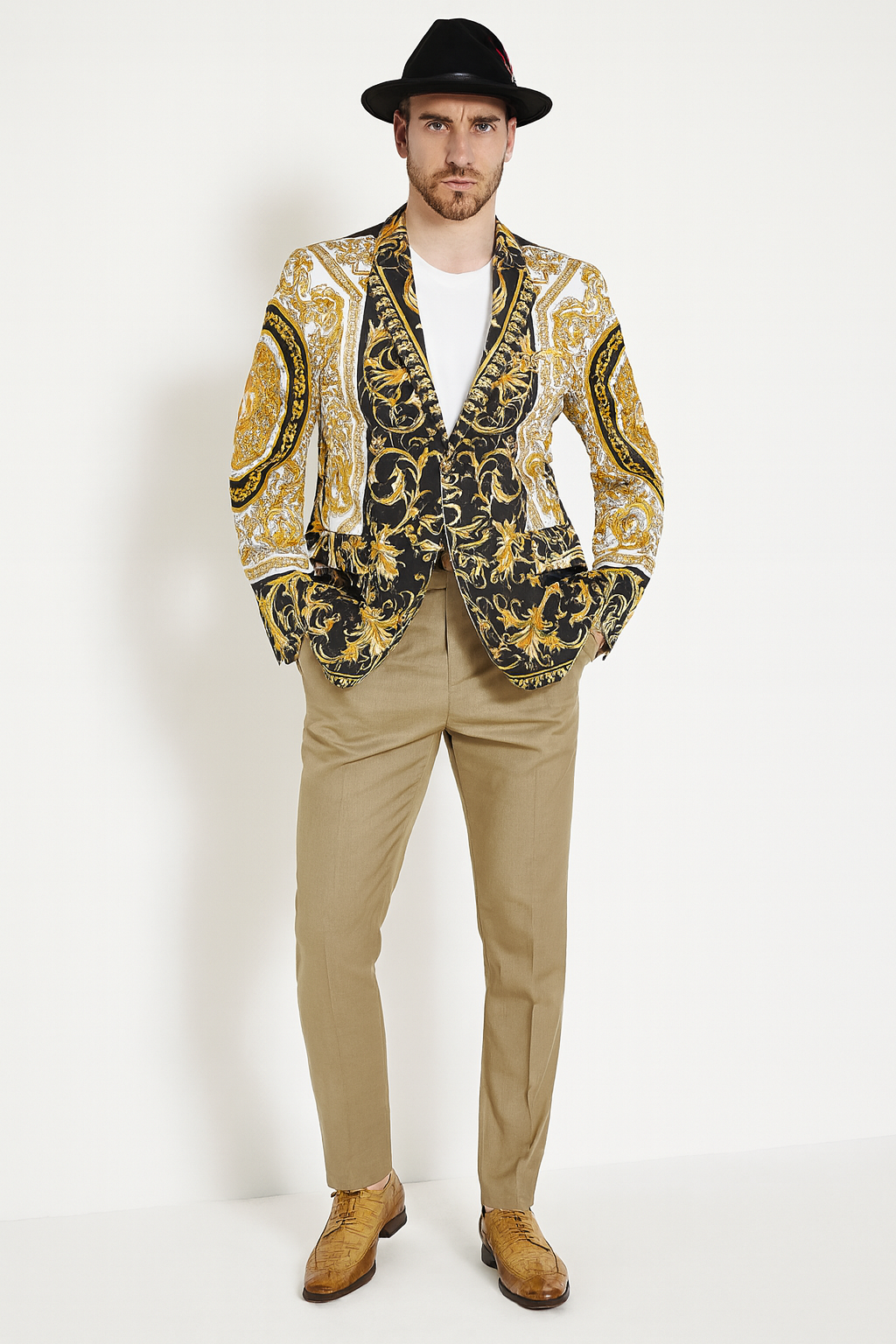 36 Men's Black and Gold Baroque Blazer with Matching Pants, Hat, and Shoes Luxury Party and Wedding Outfit Set 36 Men's Black and Gold Baroque Blazer with Matching Pants, Hat, and Shoes Luxury Party and Wedding Outfit Set