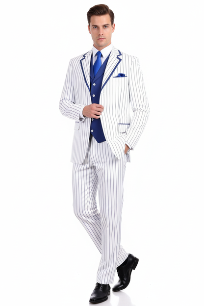 Mens White and Royal Blue Pinstripe 3-Piece Suit  Classic Fit Blazer with Vest, Pants, and Tie