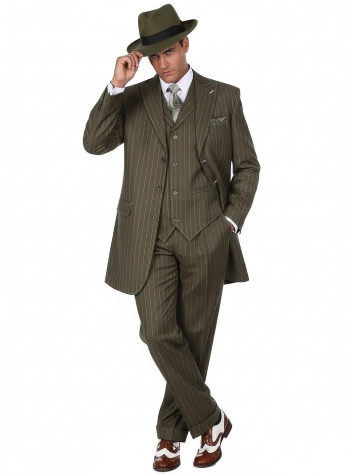 Men's Olive Green Pinstripe Zoot Suit - 1920s Gangster Vintage 3-Piece Suit for Formal and Themed Events