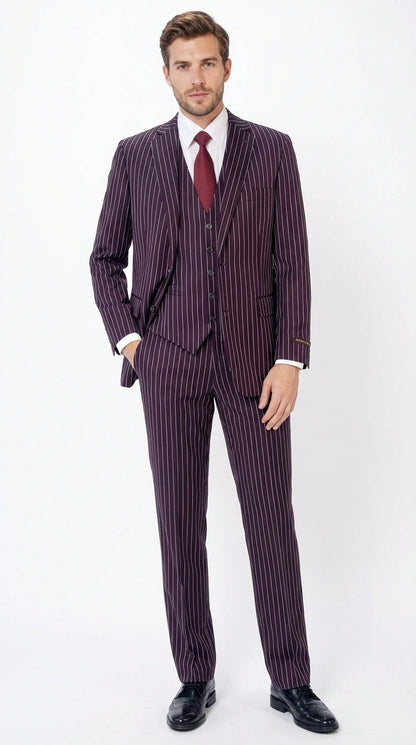 Men’s Plum Eggplant Pinstripe 3 Piece Suit – Burgundy Purple Formal Suit  Gangster 1920s Mafia Pimp Suit