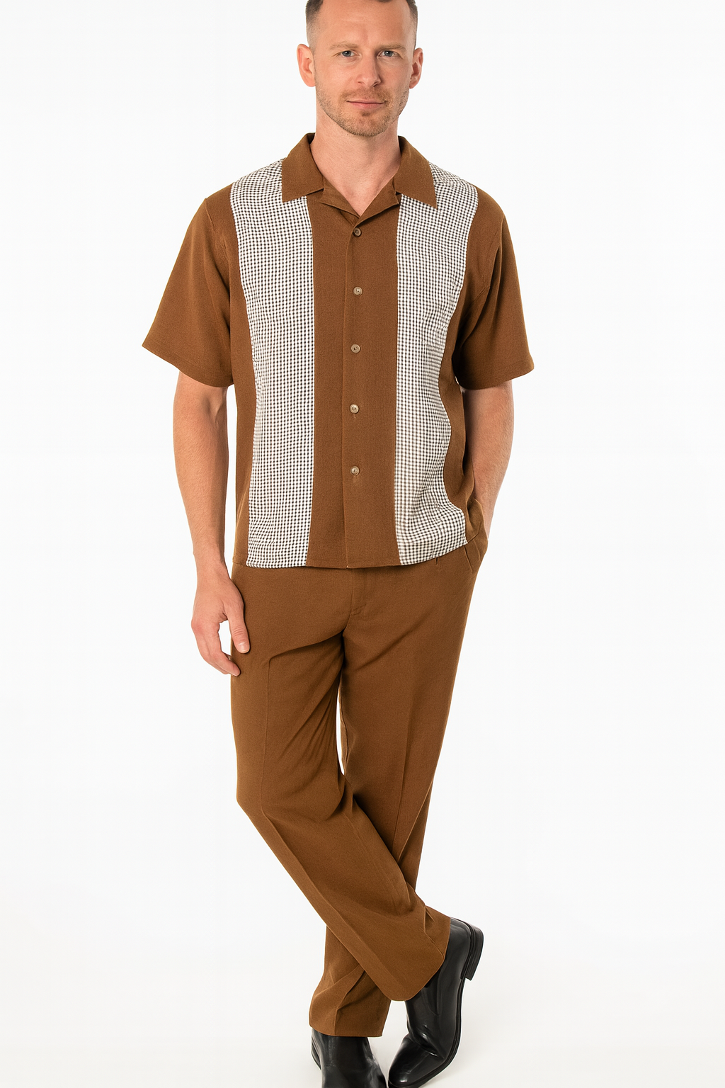 Mens Cognac Tan Two-Piece Outfit  Short Sleeve Button-Up Shirt and Pants Set