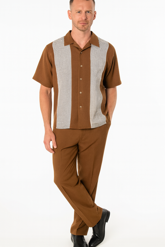 Men's Cognac Tan Two-Piece Outfit - Short Sleeve Button-Up Shirt and Pants Set