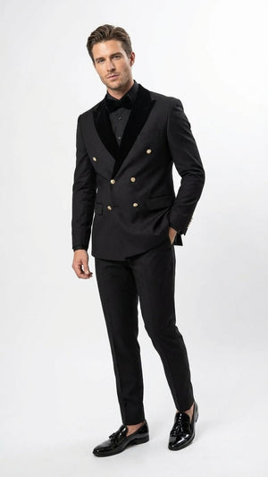 Mens Black Double Breasted Tuxedo Suit  Luxury Formal Dinner Jacket Gold Buttons Velvet Lapel