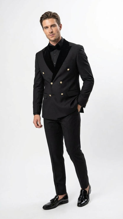 Mens Black Double Breasted Tuxedo Suit  Luxury Formal Dinner Jacket Gold Buttons Velvet Lapel